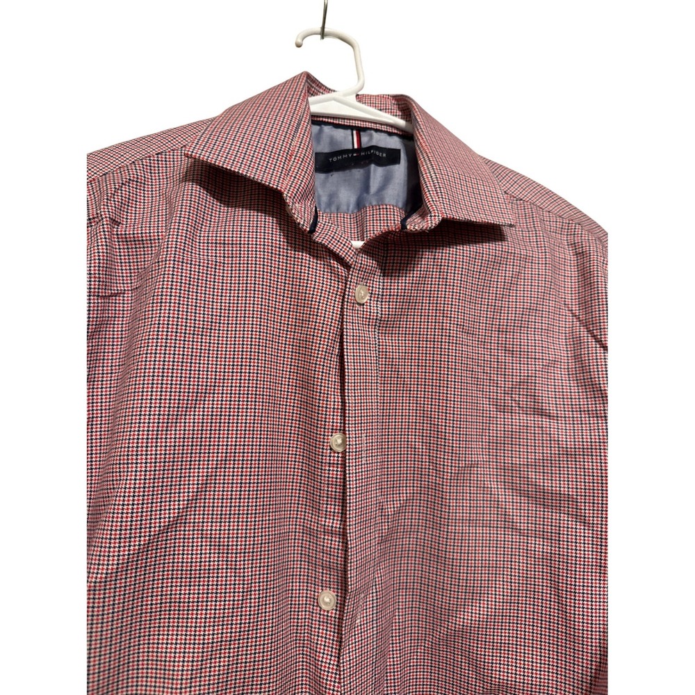 Tommy Hilfiger Mens Slim Fit Non Iron Dress Shirt Red White Blue Houndstooth